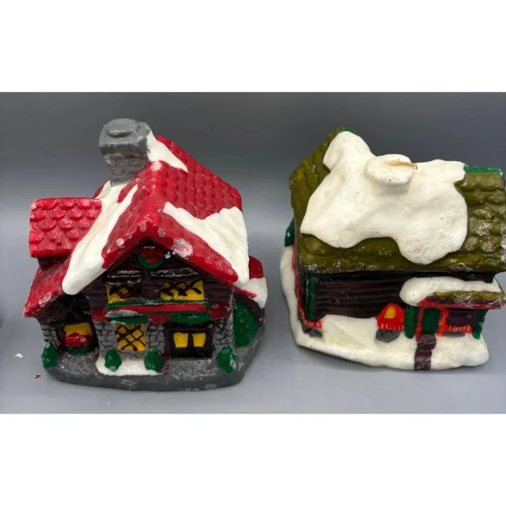 Vtg Candles Wax Snowy‎ Cottage Village Set Of 2 Christmas Décor